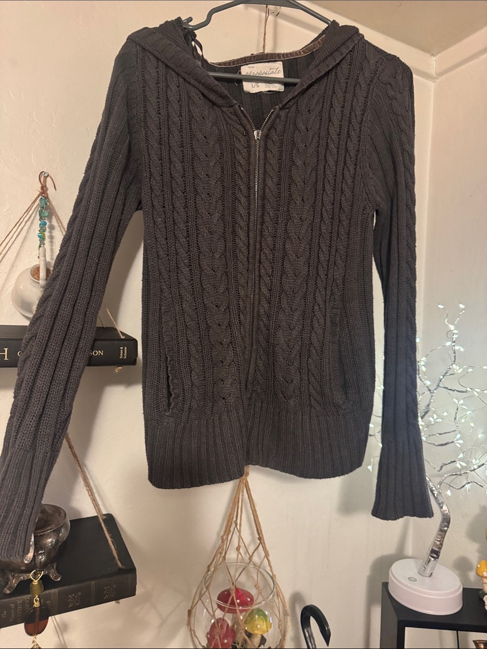 Y2K Aeropostale Dark Charcoal Cable Knit Hooded Zip Cardigan